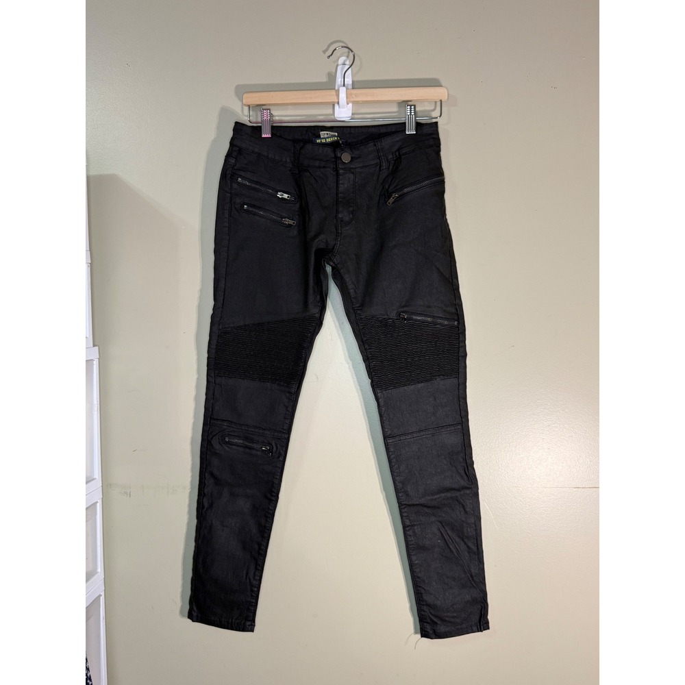 Top Trends Black Coated Moto Biker Jeans Ribbed Knee Zipper Detail Size 44